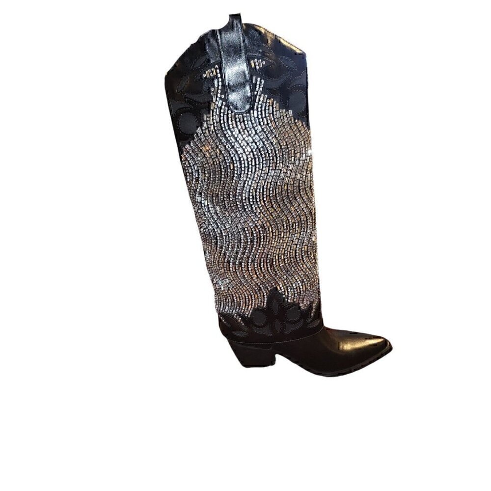 Bella Embellished Cowboy Boots - Black Size 6 New - Picture 3 of 9